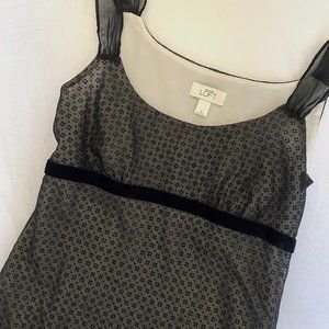 VNTG 90s/Y2K Ann Taylor Loft Black Sheer Overlay Patterned Empire Babydoll Tank